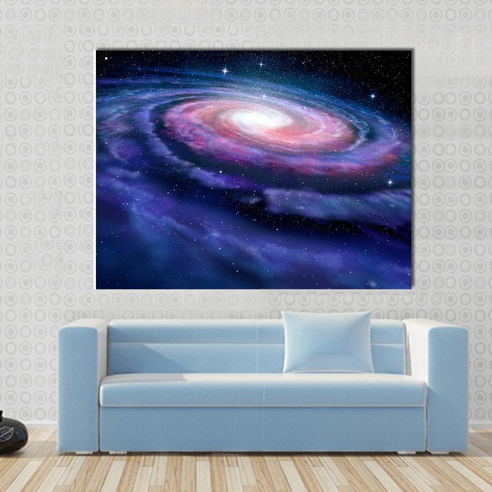 Milky Way Galaxy Canvas Wall Art in black, blue and purple, single panel hung on a wall