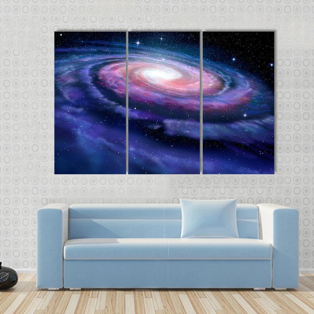Milky Way Galaxy Canvas Wall Art in black, blue and purple, 3 panel horizontal set hung on a wall