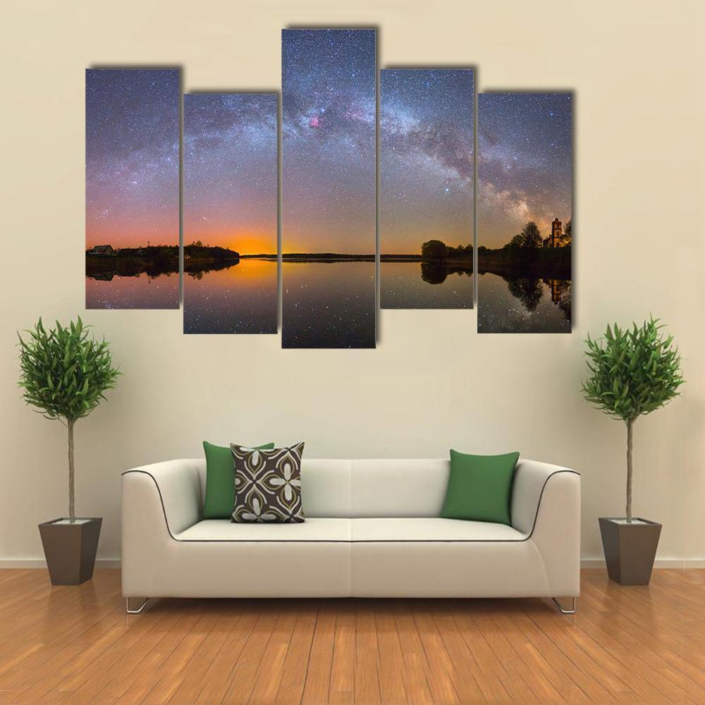 Milky Way Over Lake Canvas Wall Art-5 Pop-Gallery Wrap-47" x 32"-Tiaracle