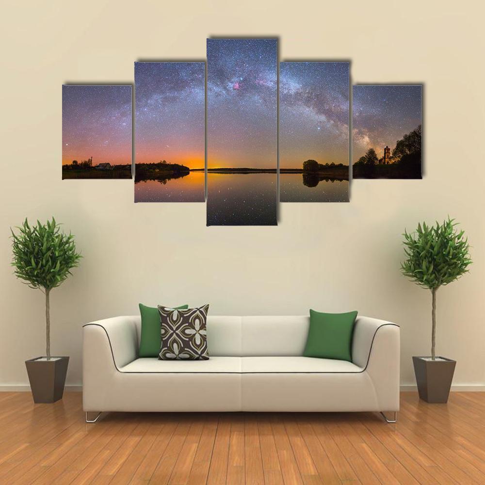Milky Way Over Lake Canvas Wall Art-5 Star-Gallery Wrap-62" x 32"-Tiaracle
