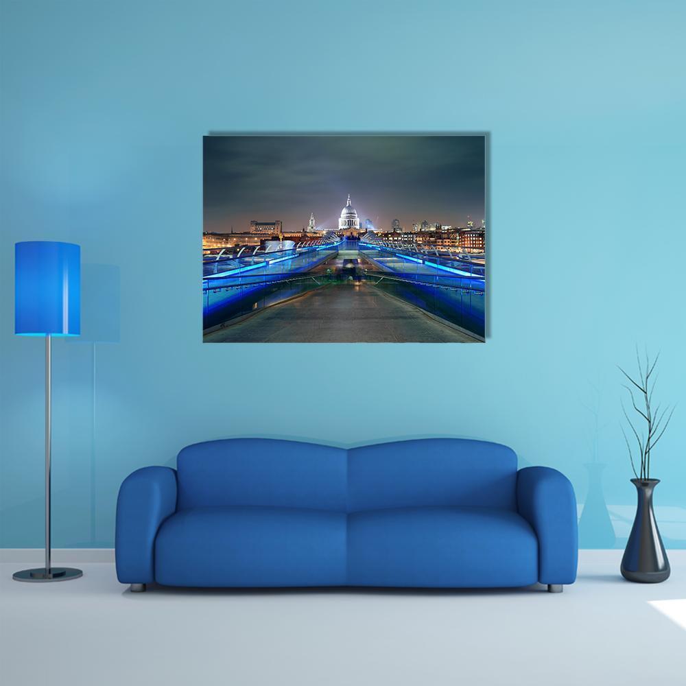Millennium Bridge at Night Canvas Wall Art in black, gray and blue, single panel hung on a wall