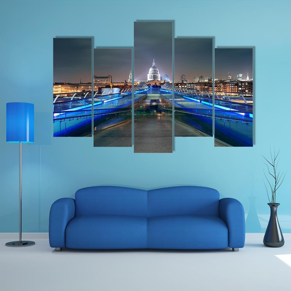 Millennium Bridge At Night Canvas Wall Art-5 Pop-Gallery Wrap-47" x 32"-Tiaracle