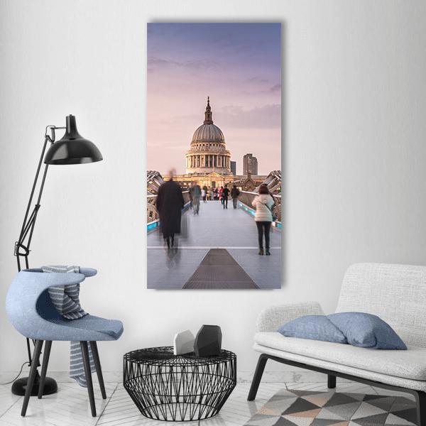 People on Millennium Bridge Vertical Canvas Wall Art in gray, blue and pink, single vertical panel hung on a wall