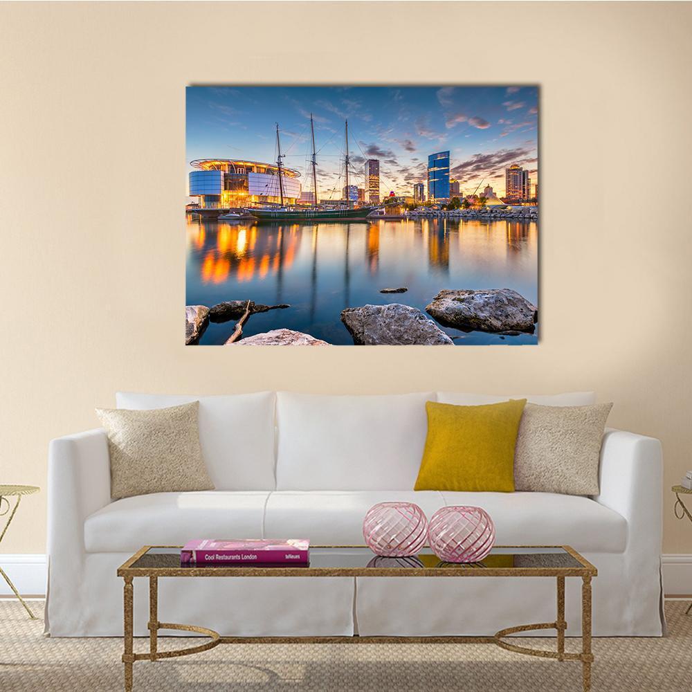 Milwaukee Skyline at Golden Hour Canvas Wall Art in gold, orange and blue, single panel hung on a wall