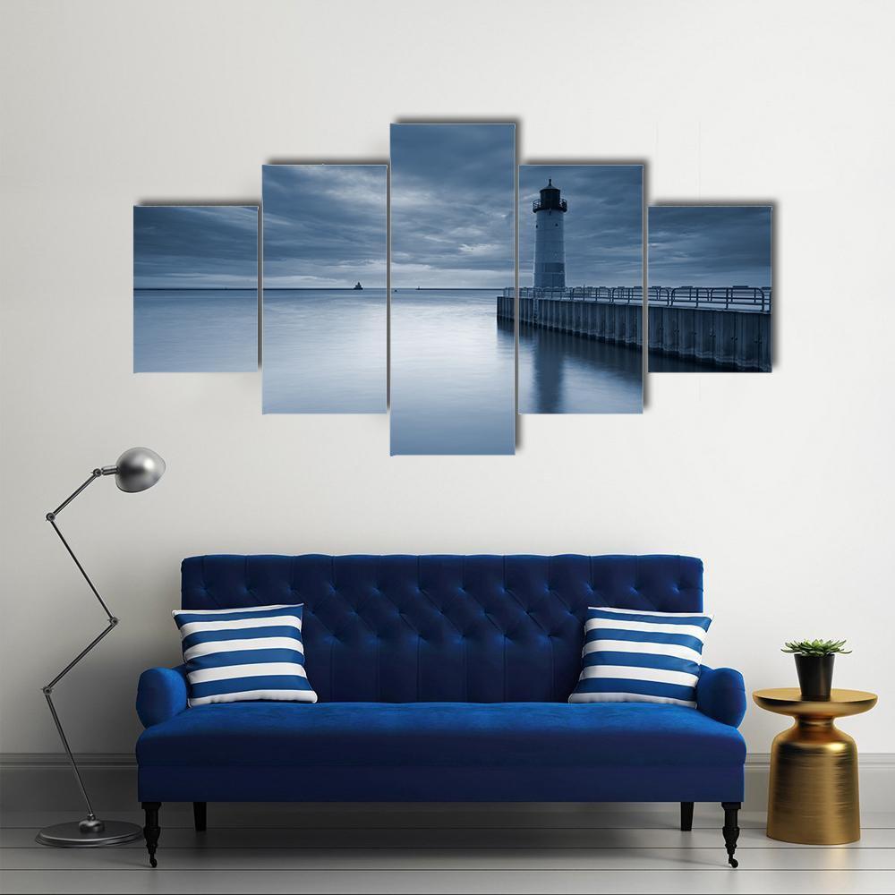 Milwaukee Lighthouse At Sunset Canvas Wall Art-5 Star-Gallery Wrap-62" x 32"-Tiaracle