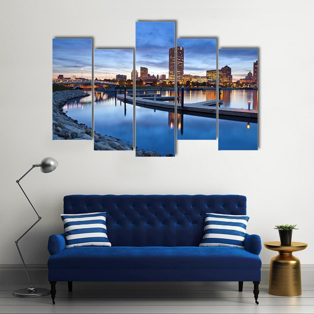 Milwaukee Skyline &amp; City Canvas Wall Art-5 Pop-Gallery Wrap-47" x 32"-Tiaracle