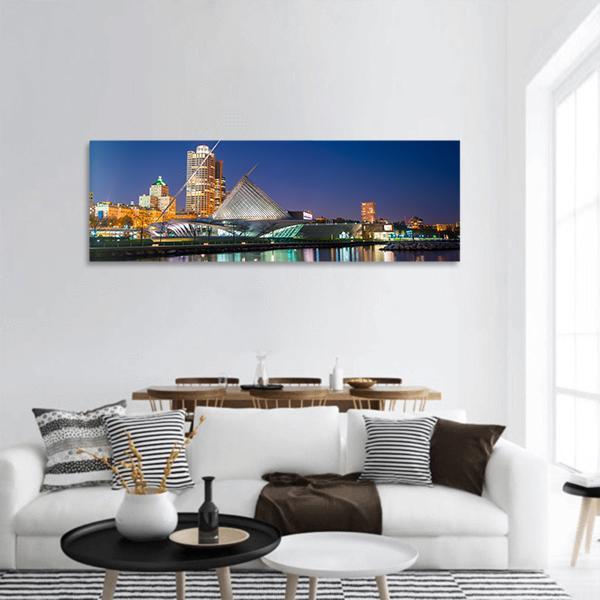 Milwaukee Skyline At Twilight Panoramic Canvas Wall Art-3 Piece-25" x 08"-Tiaracle