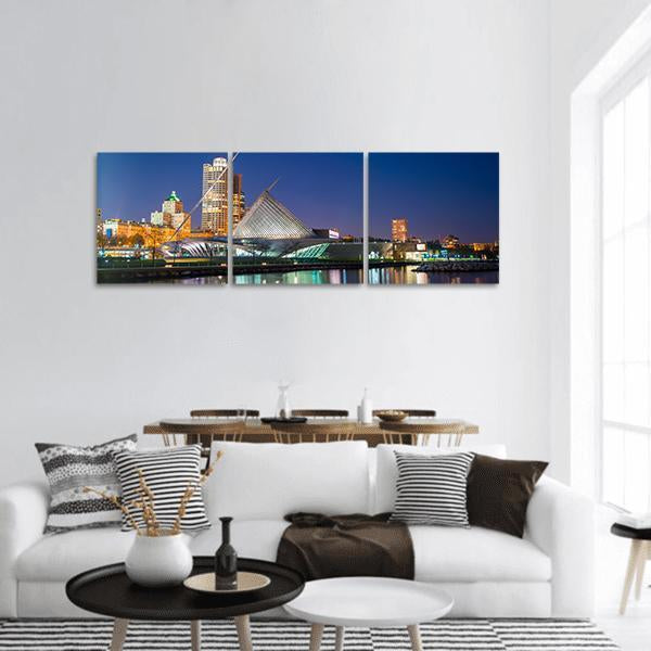 Milwaukee Skyline At Twilight Panoramic Canvas Wall Art-3 Piece-25" x 08"-Tiaracle