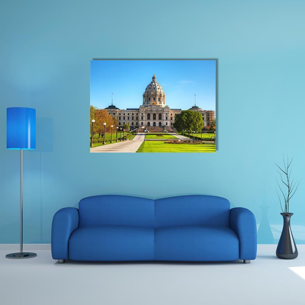Minnesota Capitol Building Canvas Wall Art in beige, green and blue, single panel hung on a wall