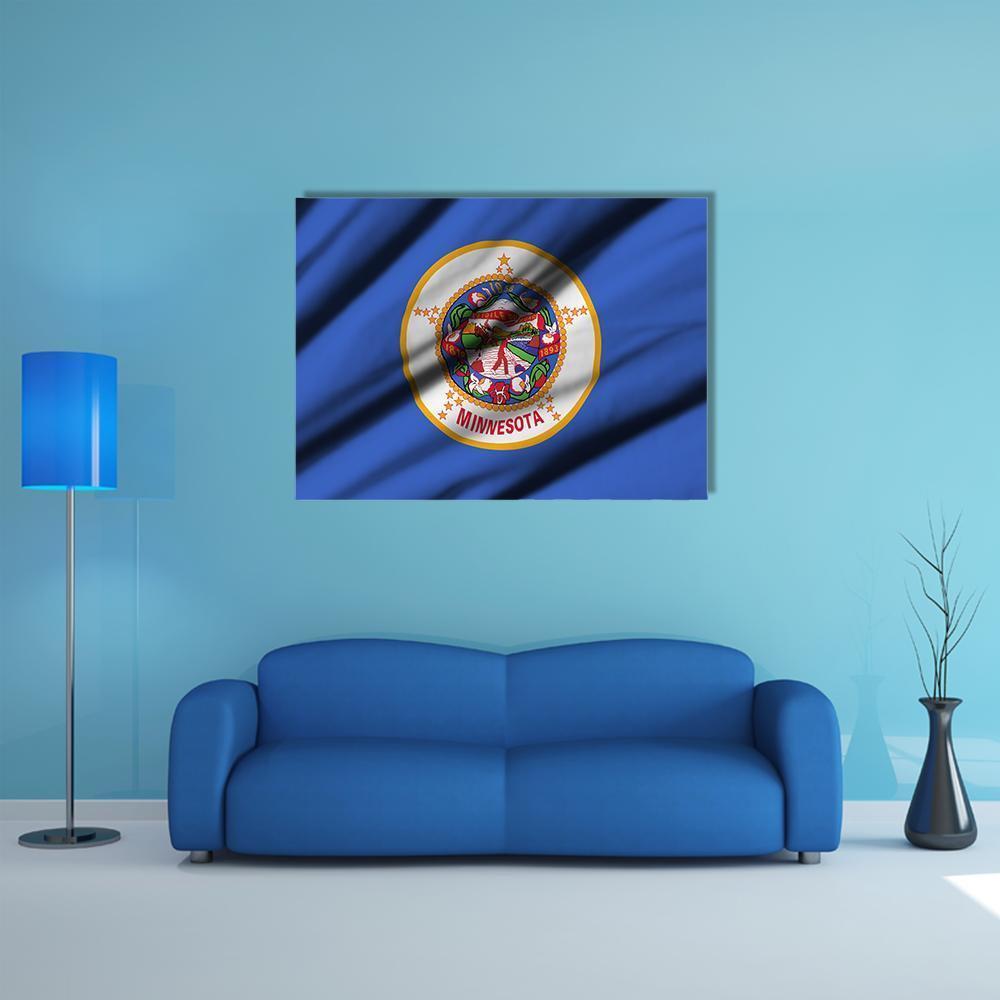 Waving Minnesota State Flag Canvas Wall Art in blue, single panel hung on a wall