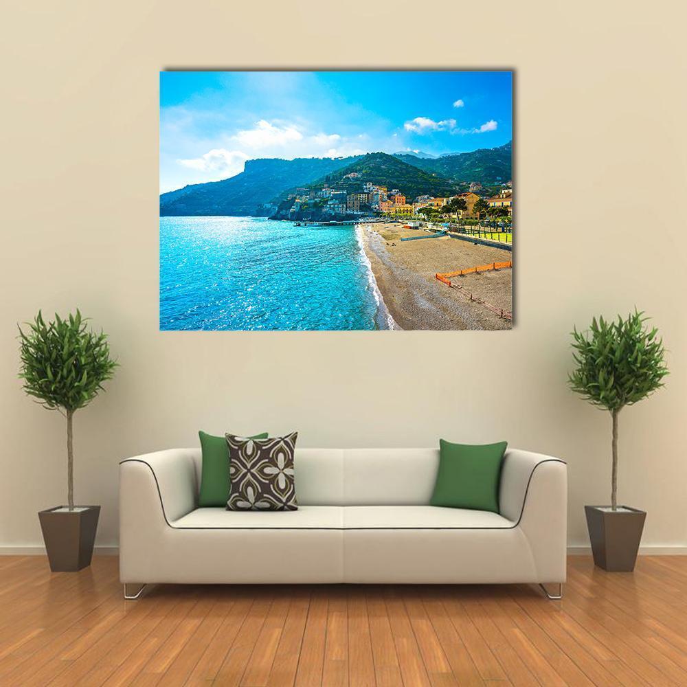 Amalfi Coast Seaside Town Canvas Wall Art in beige, green and blue, single panel hung on a wall