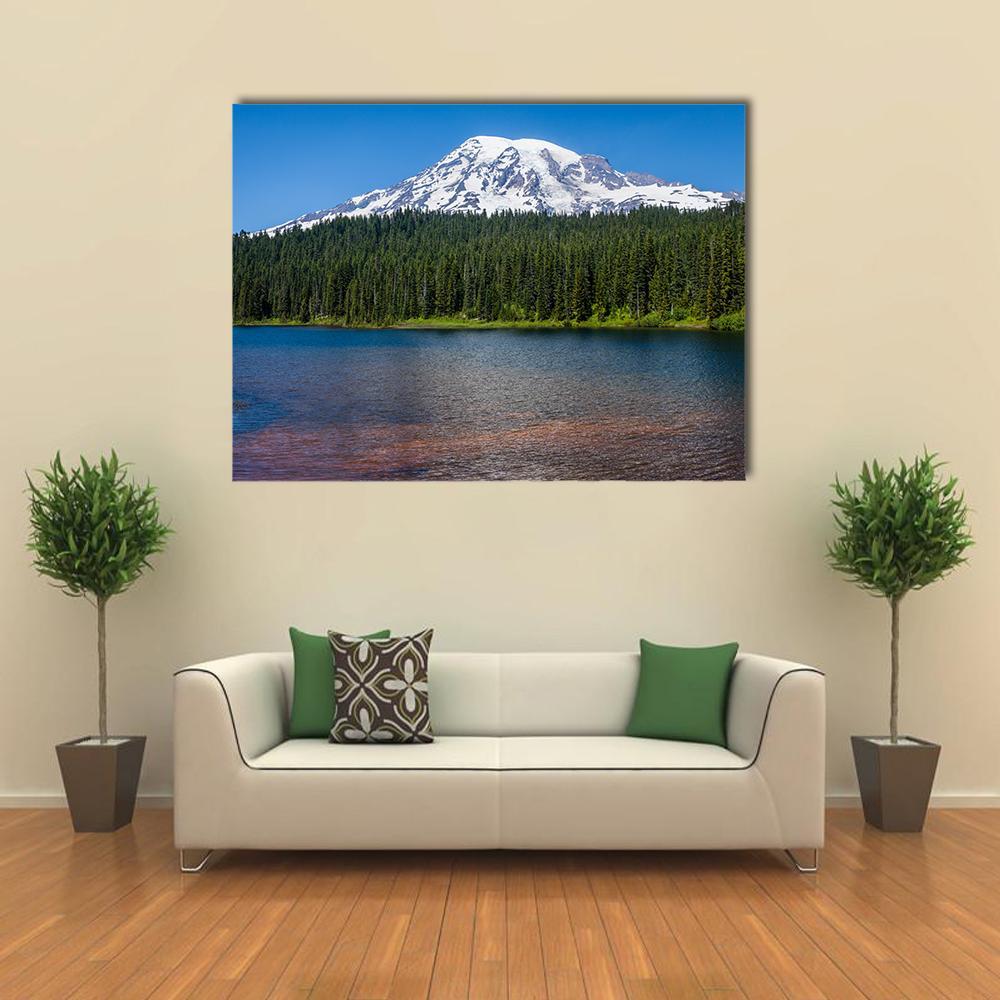 Mirror Lake Washington Canvas Wall Art in white, green and blue, single panel hung on a wall