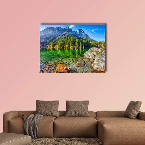 Hintersee Lake in Germany Canvas Wall Art in gray, green and blue, single panel hung on a wall