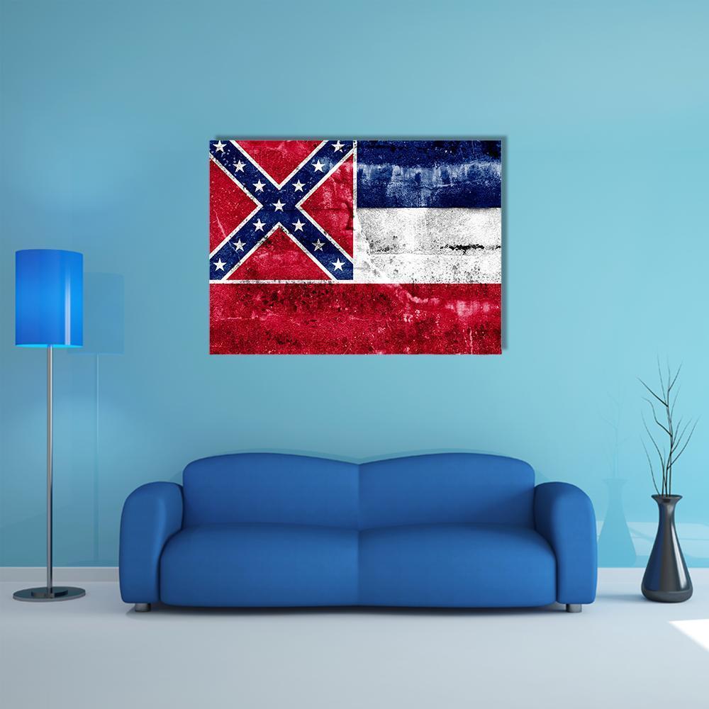 Distressed Mississippi Flag Canvas Wall Art in white, red and blue, single panel hung on a wall