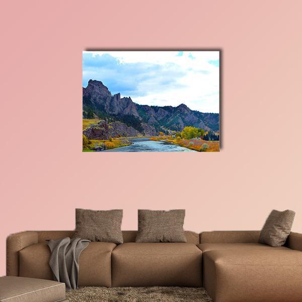 Missouri River Colors Canvas Wall Art in brown, yellow and blue, single panel hung on a wall