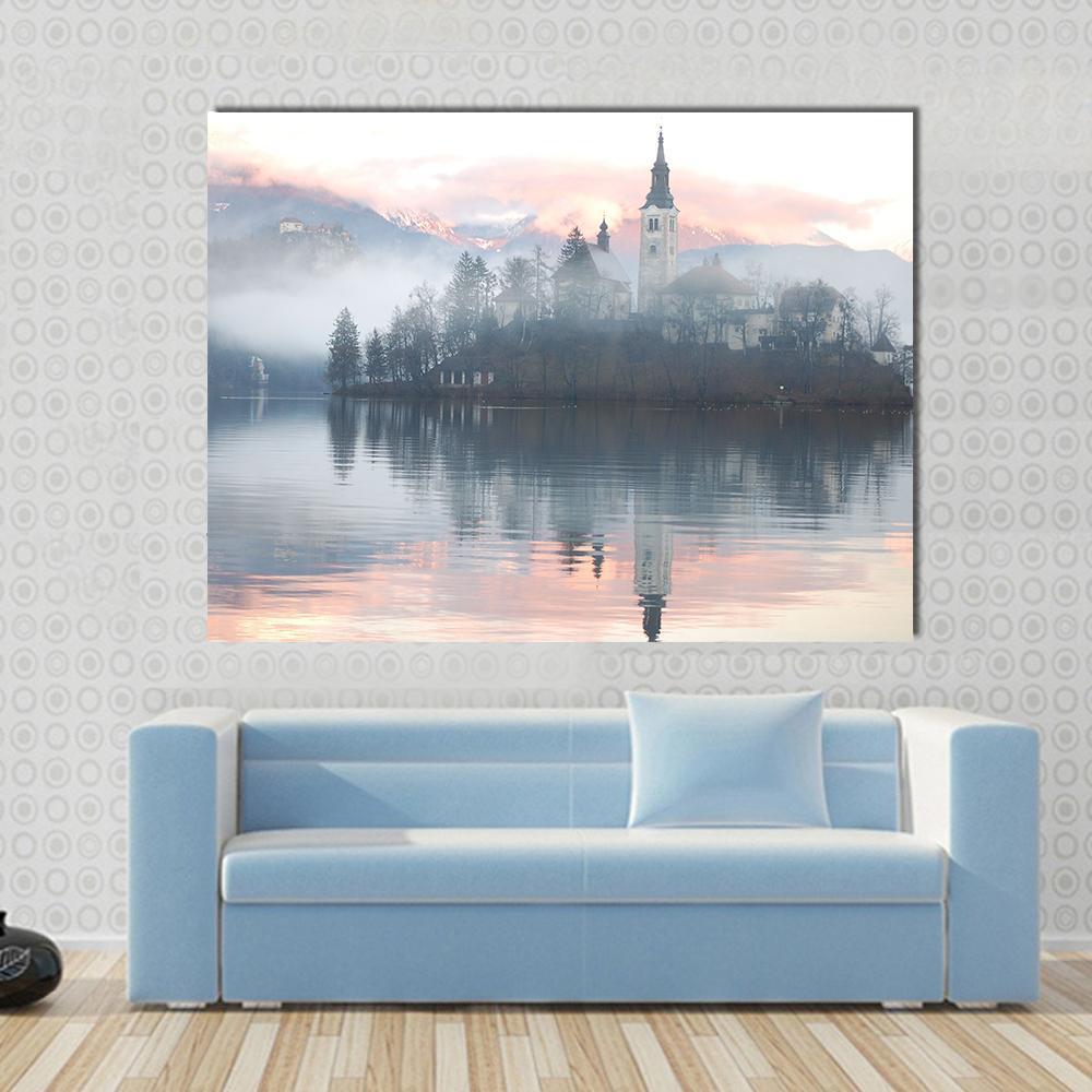 Misty Evening at Bled Lake Canvas Wall Art in gray, blue and pink, single panel hung on a wall