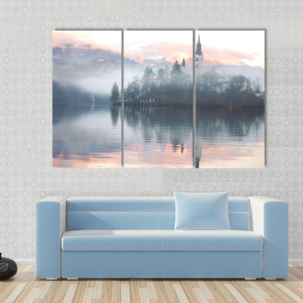 Misty Evening At Bled Lake Canvas Wall Art-3 Horizontal-Gallery Wrap-37" x 24"-Tiaracle