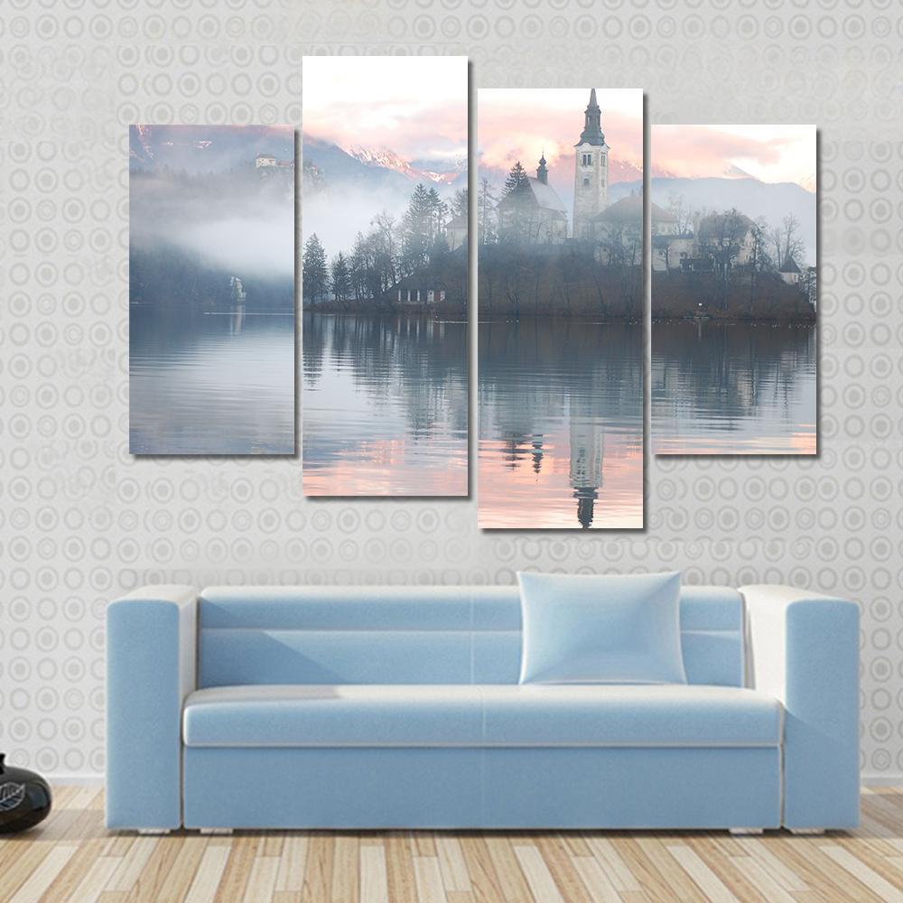 Misty Evening At Bled Lake Canvas Wall Art-4 Pop-Gallery Wrap-50" x 32"-Tiaracle