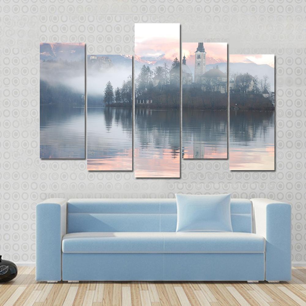 Misty Evening At Bled Lake Canvas Wall Art-5 Pop-Gallery Wrap-47" x 32"-Tiaracle