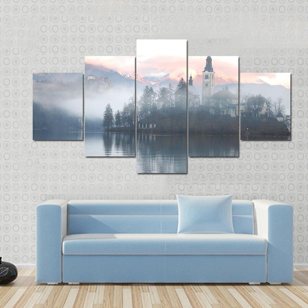 Misty Evening At Bled Lake Canvas Wall Art-5 Star-Gallery Wrap-62" x 32"-Tiaracle