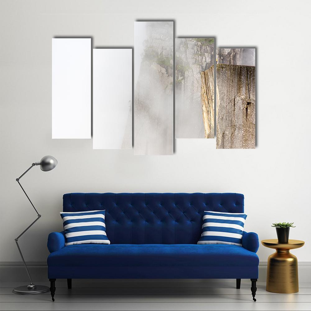 Misty Morning On Preikestolen Canvas Wall Art-5 Pop-Gallery Wrap-47" x 32"-Tiaracle