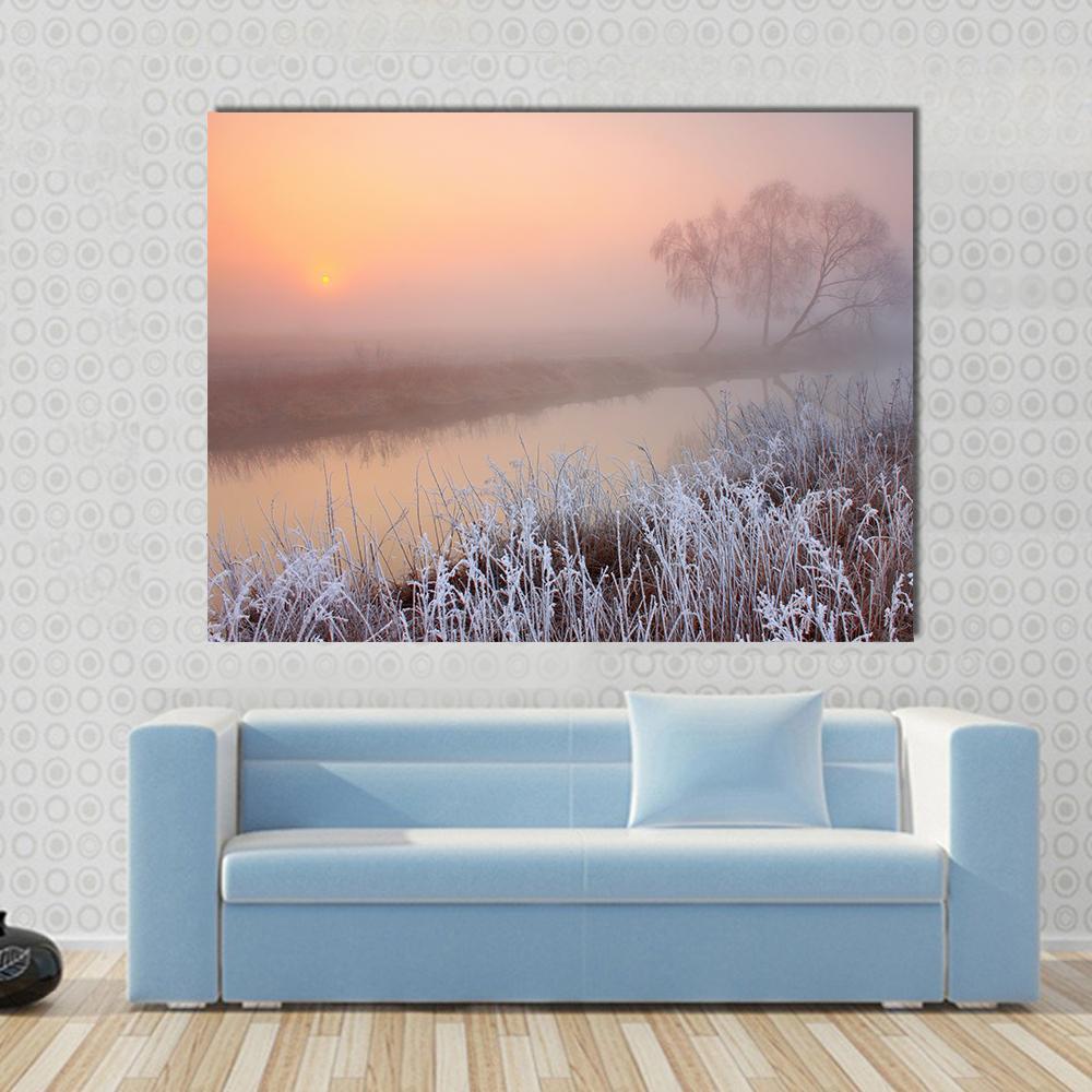 Misty Morning On River Canvas Wall Art-1 Piece-Gallery Wrap-48" x 32"-Tiaracle