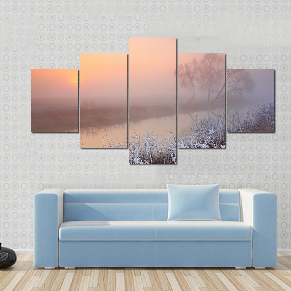 Misty Morning On River Canvas Wall Art-1 Piece-Gallery Wrap-48" x 32"-Tiaracle