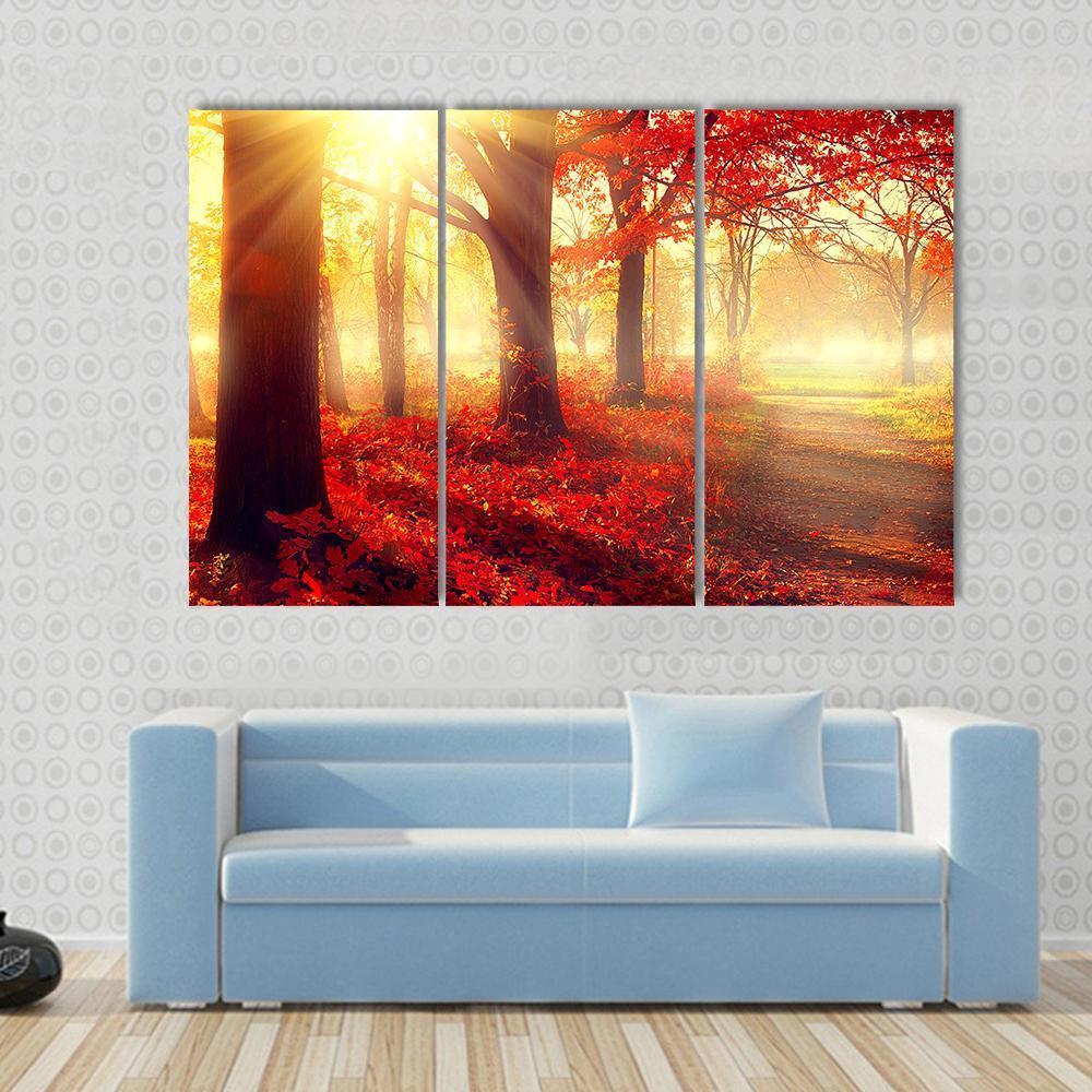 Scenic Autumn Forest Canvas Wall Art-3 Horizontal-Gallery Wrap-37" x 24"-Tiaracle