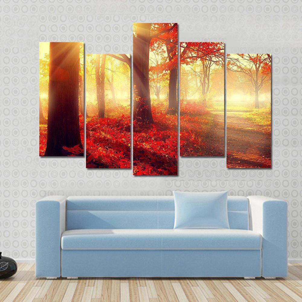 Scenic Autumn Forest Canvas Wall Art-5 Pop-Gallery Wrap-47" x 32"-Tiaracle