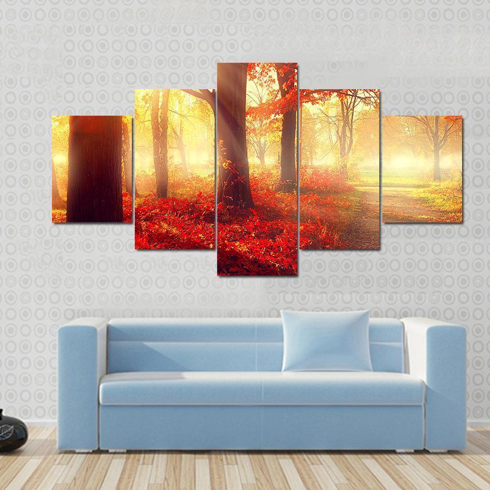 Scenic Autumn Forest Canvas Wall Art-5 Star-Gallery Wrap-62" x 32"-Tiaracle