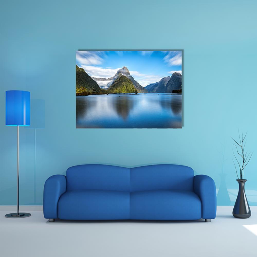 Mitre Peak, New Zealand Canvas Wall Art in gray, green and blue, single panel hung on a wall