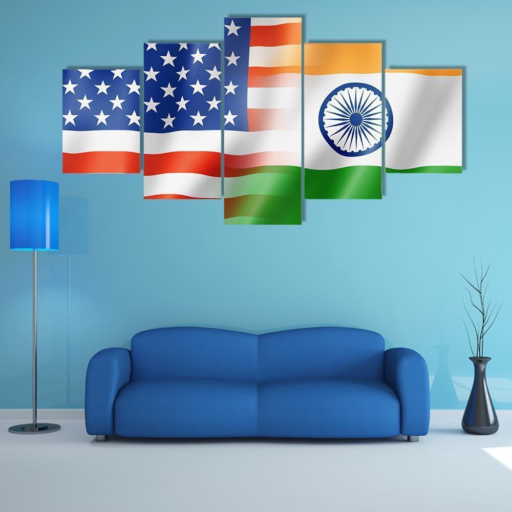 Mixed USA &amp; Indian Flag Canvas Wall Art-5 Star-Gallery Wrap-62" x 32"-Tiaracle