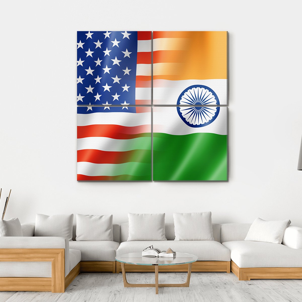 Mixed USA & Indian Flag Canvas Wall Art-4 Square-Gallery Wrap-17" x 17"-Tiaracle