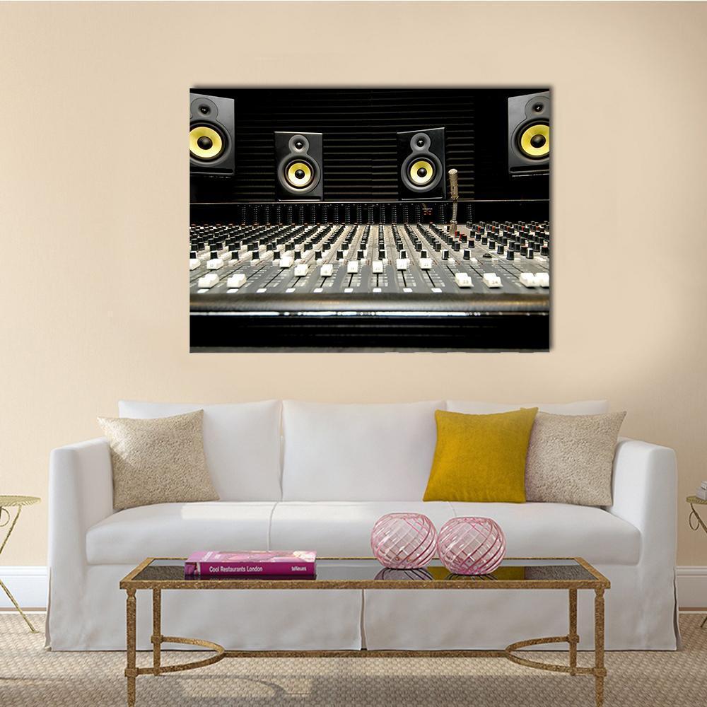 Studio Mixing Desk with Yellow Woofers Canvas Wall Art in black, gray and yellow, single panel hung on a wall