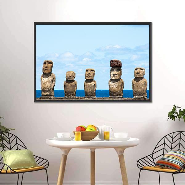 Moais In Ahu Tongariki Canvas Wall Art-1 Piece-Floating Frame-24" x 16"-Tiaracle