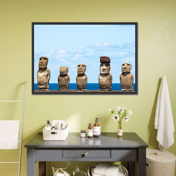 Moais In Ahu Tongariki Canvas Wall Art-5 Horizontal-Gallery Wrap-22" x 12"-Tiaracle