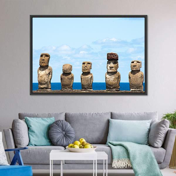 Moais In Ahu Tongariki Canvas Wall Art-5 Horizontal-Gallery Wrap-22" x 12"-Tiaracle