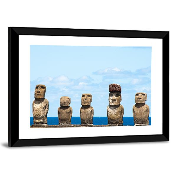 Moais In Ahu Tongariki Canvas Wall Art-5 Horizontal-Gallery Wrap-22" x 12"-Tiaracle
