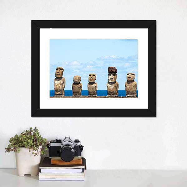 Moais In Ahu Tongariki Canvas Wall Art-5 Horizontal-Gallery Wrap-22" x 12"-Tiaracle