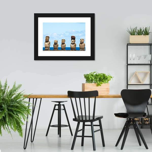 Moais In Ahu Tongariki Canvas Wall Art-5 Horizontal-Gallery Wrap-22" x 12"-Tiaracle