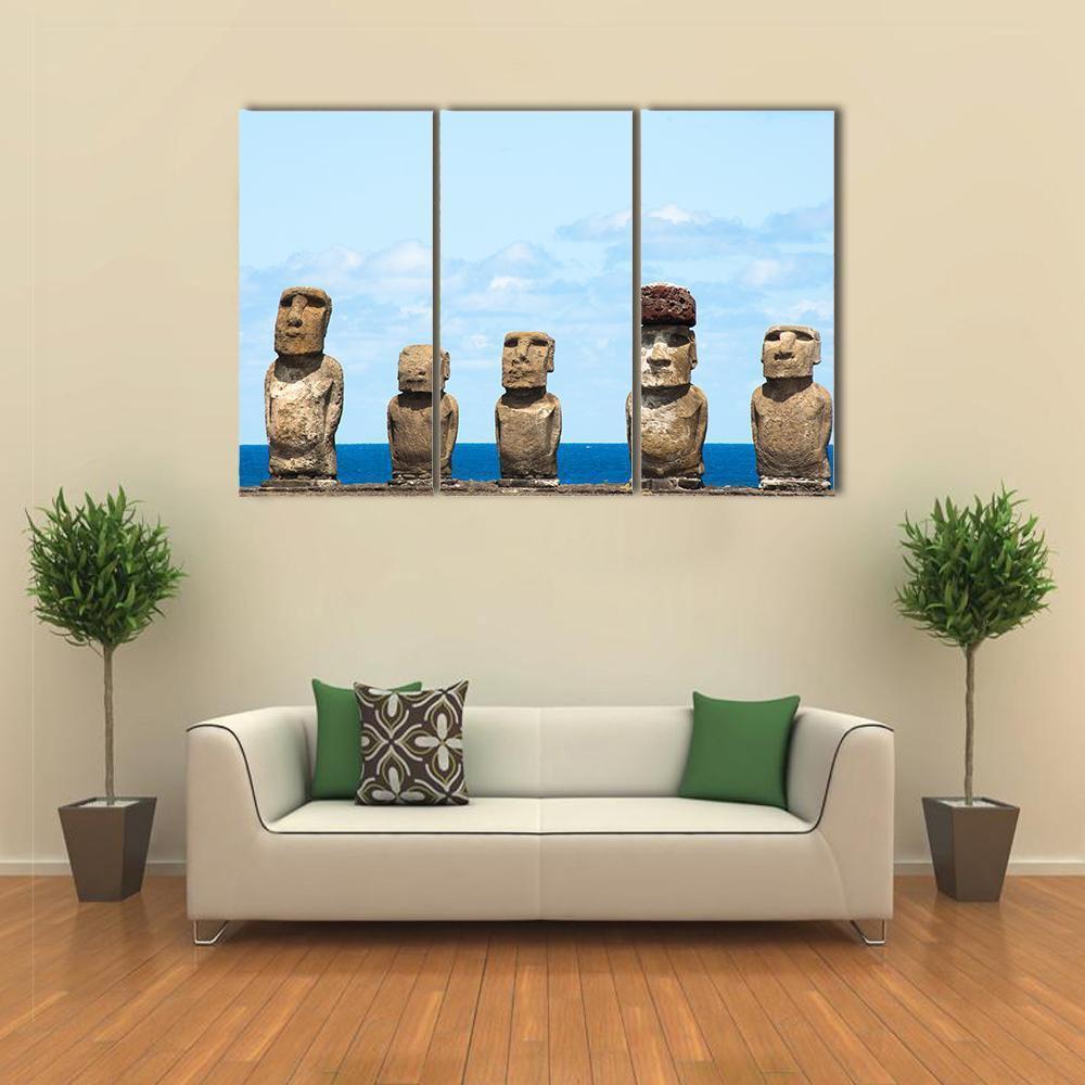 Moais In Ahu Tongariki Canvas Wall Art-3 Horizontal-Gallery Wrap-37" x 24"-Tiaracle