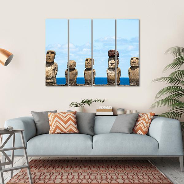 Moais In Ahu Tongariki Canvas Wall Art-4 Horizontal-Gallery Wrap-34" x 24"-Tiaracle