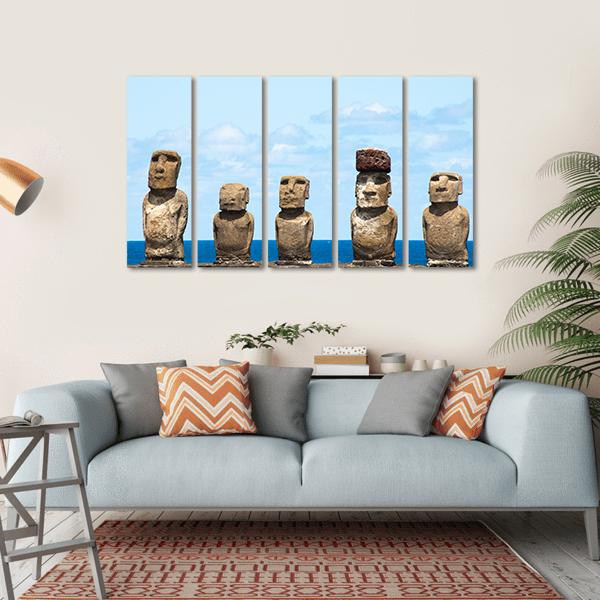 Moais In Ahu Tongariki Canvas Wall Art-5 Horizontal-Gallery Wrap-22" x 12"-Tiaracle