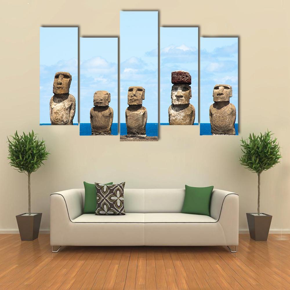 Moais In Ahu Tongariki Canvas Wall Art-5 Pop-Gallery Wrap-47" x 32"-Tiaracle