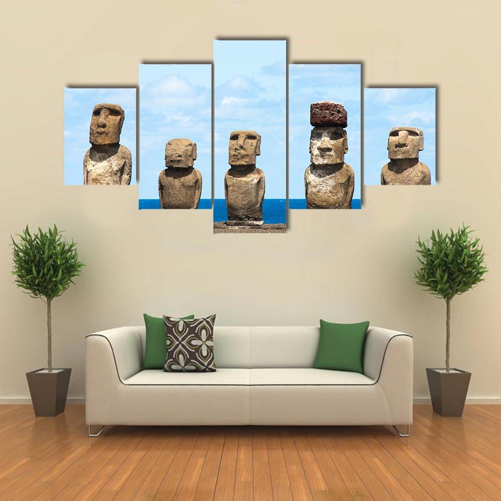 Moais In Ahu Tongariki Canvas Wall Art-5 Pop-Gallery Wrap-47" x 32"-Tiaracle