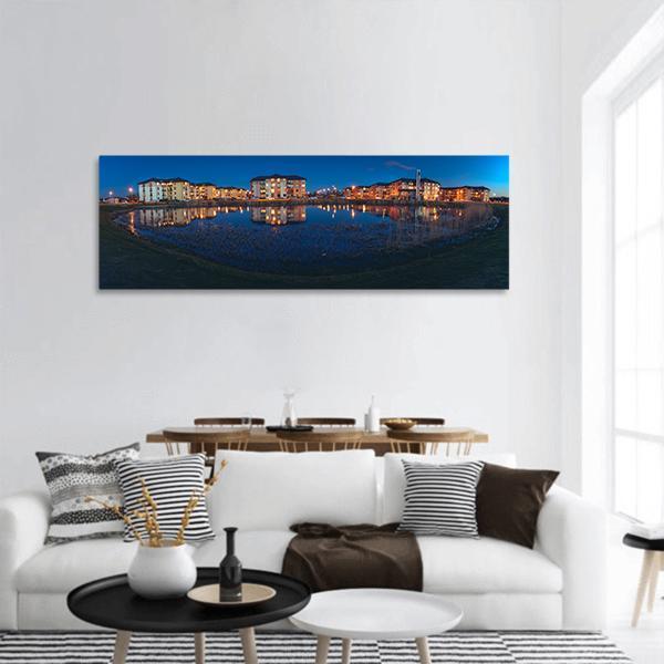 Modern Apartments At Night Panoramic Canvas Wall Art-1 Piece-36" x 12"-Tiaracle