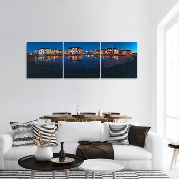 Modern Apartments At Night Panoramic Canvas Wall Art-3 Piece-25" x 08"-Tiaracle