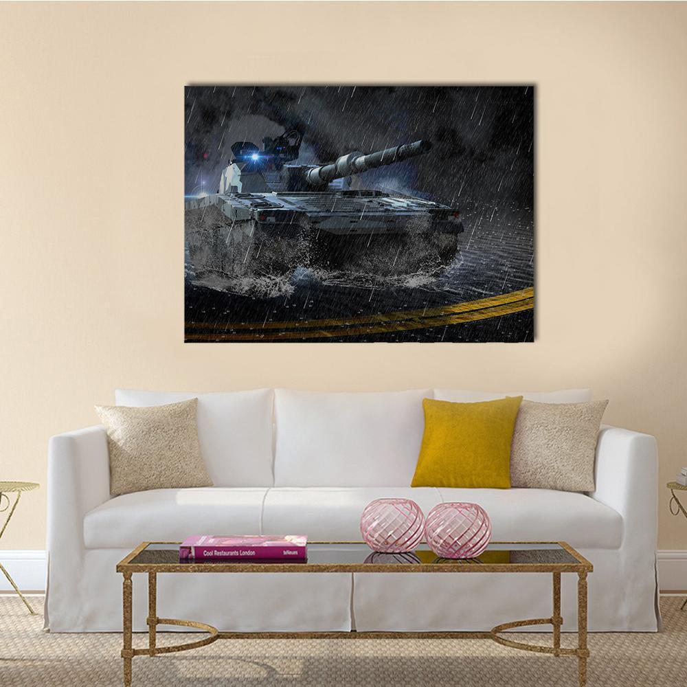 Modern Battle Tank in Heavy Rain Canvas Wall Art in black and gray, single panel hung on a wall