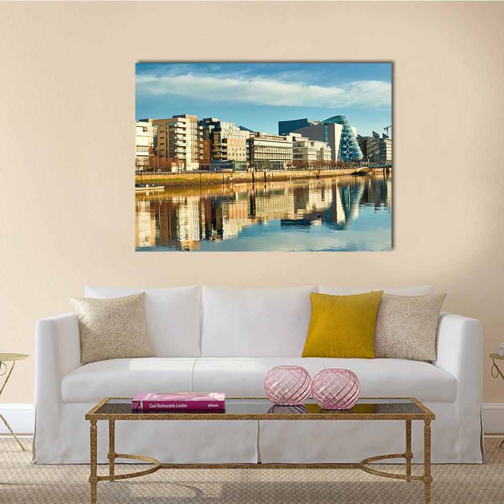 Buildings on the Liffey River Canvas Wall Art in beige, brown and blue, single panel hung on a wall