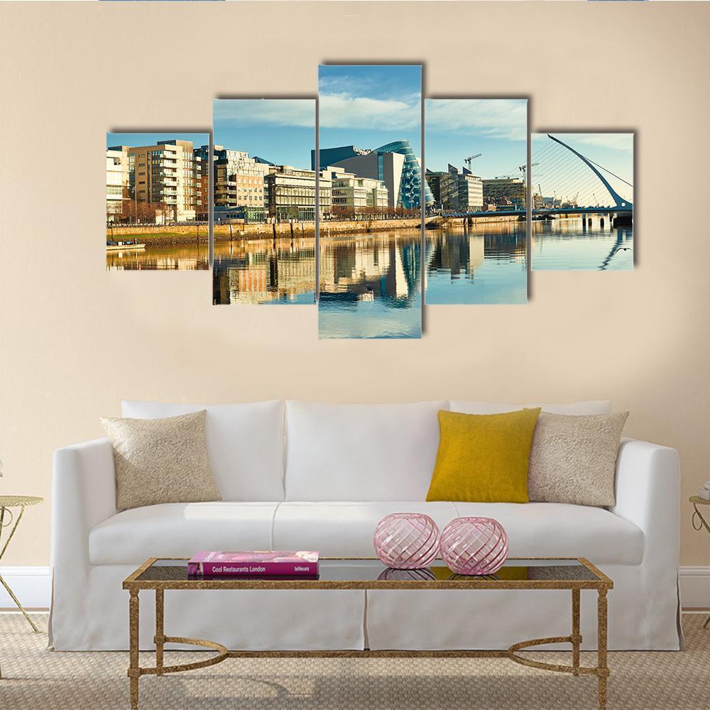Buildings On Liffey River Canvas Wall Art-5 Star-Gallery Wrap-62" x 32"-Tiaracle